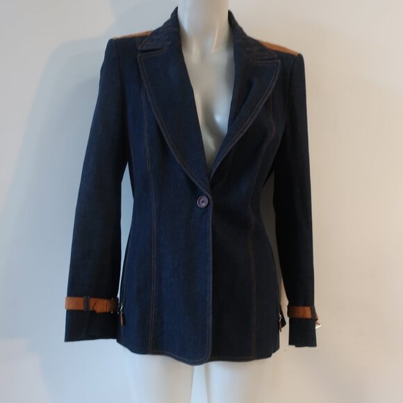 Escada Jackets & Blazers - Womens Escada Lady Top Stitch Dark Blue One Button Denim Blazer Jacket 40 US/M